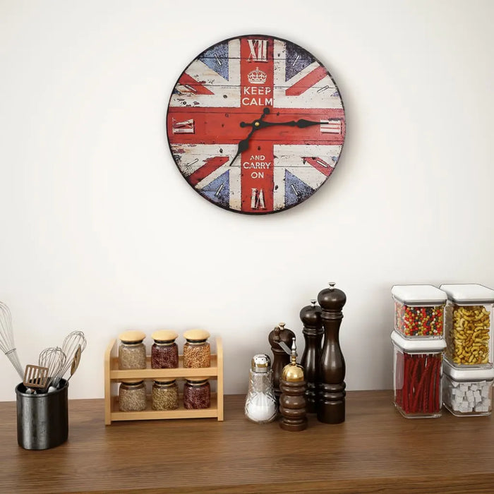 Wall clock with British flag design on a kitchen shelf with spices and containers.