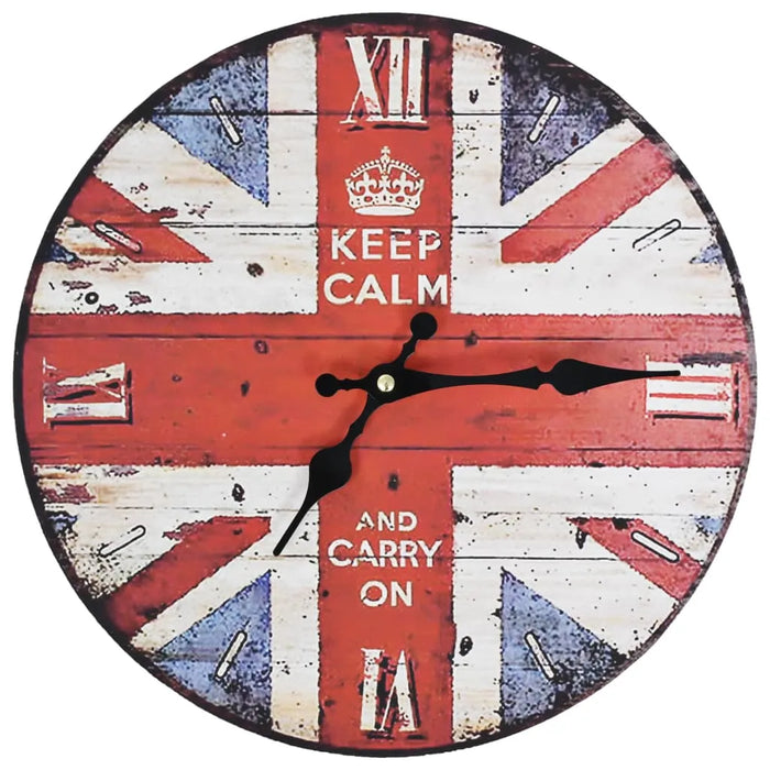 Round clock with Union Jack design and 'Keep Calm and Carry On' text.