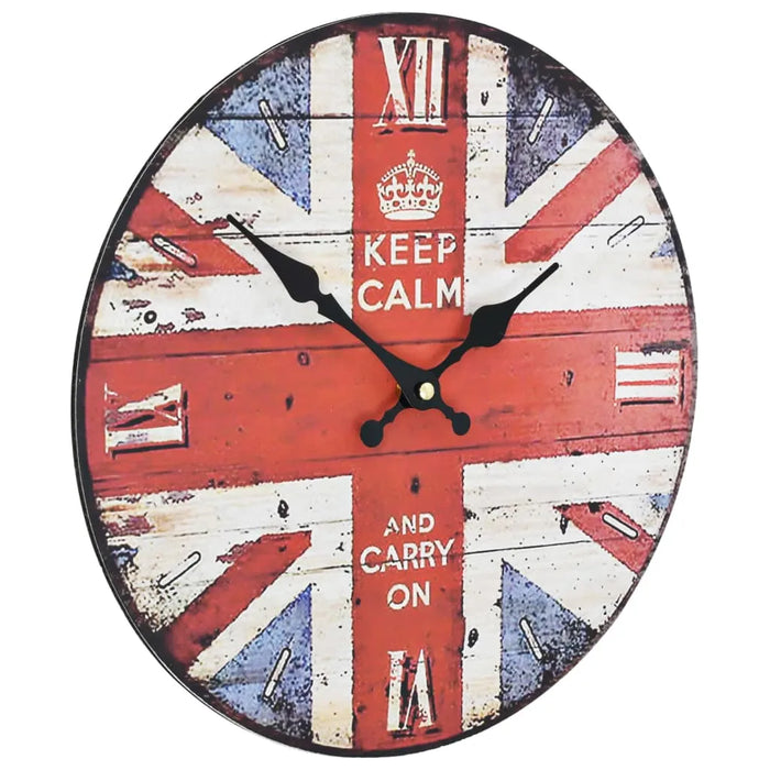Round clock with Union Jack design and 'Keep Calm and Carry On' text on a white background