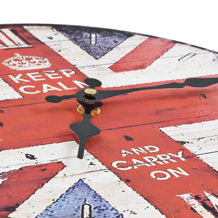 Wall clock with Union Jack design and 'Keep Calm and Carry On' text.