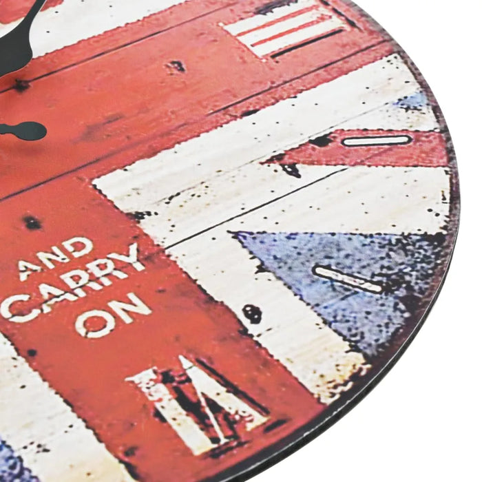 Round table with a Union Jack design and 'And Carry On' text on a wooden surface.