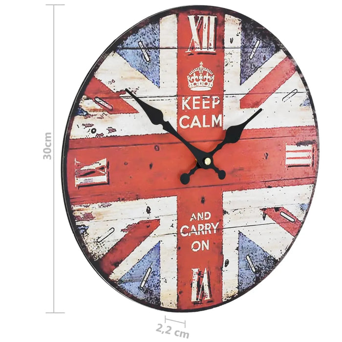 Wall clock with Union Jack design and 'Keep Calm and Carry On' text, featuring measurement details.