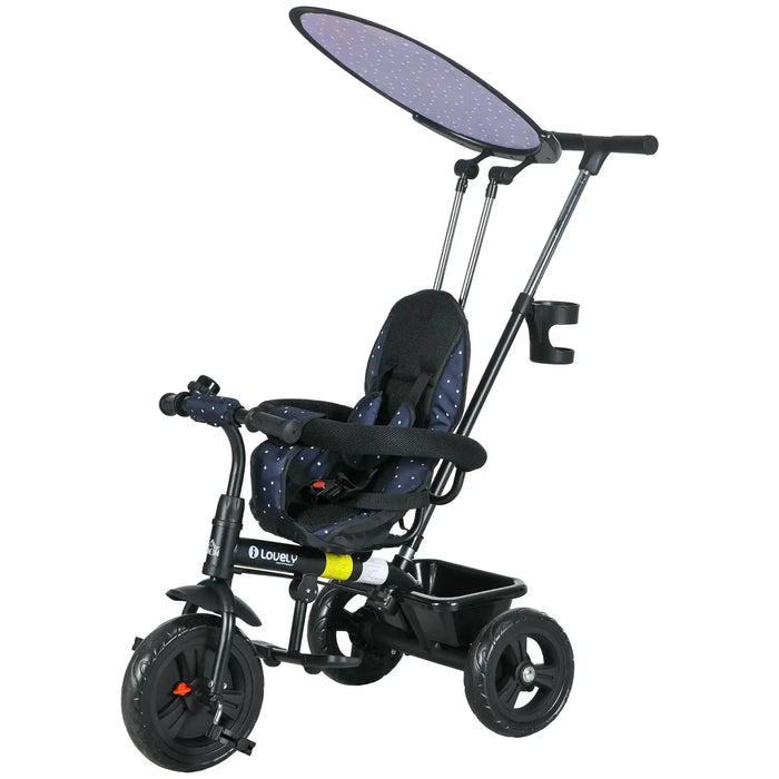 Black children's tricycle with a seat and sunshade on a white background