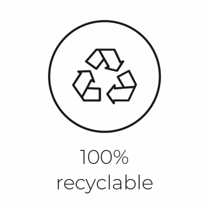 Black recycling symbol in a circle above text stating 100% recyclable on a white background.