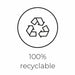 Black recycling symbol in a circle above text stating 100% recyclable on a white background.