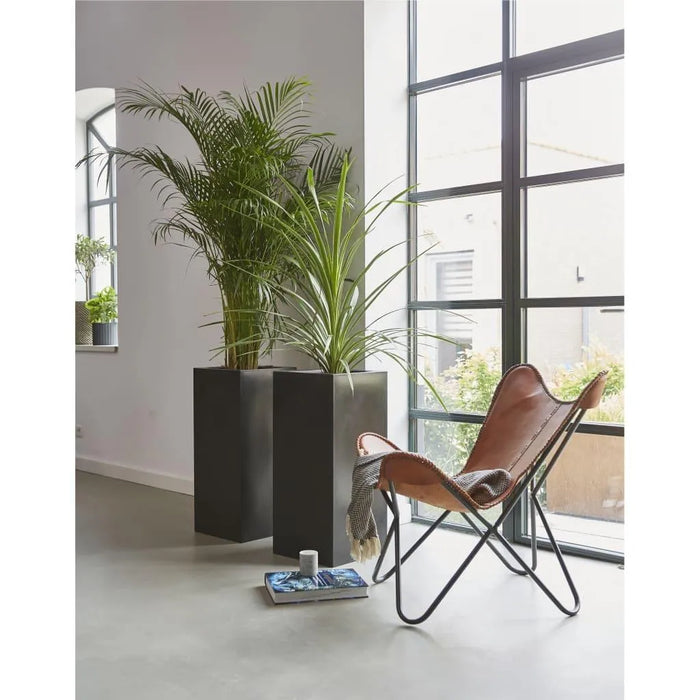 Urban smooth black flower pots with green plants next to a leather chair in modern living room