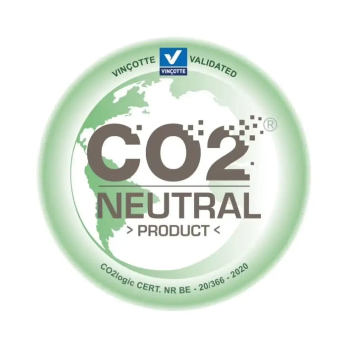 CO2 neutral product certification badge with globe graphic, green eco-friendly label