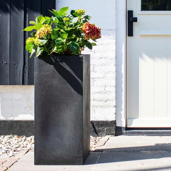 Urban black double-walled flower pot with hydrangeas by a modern home entrance