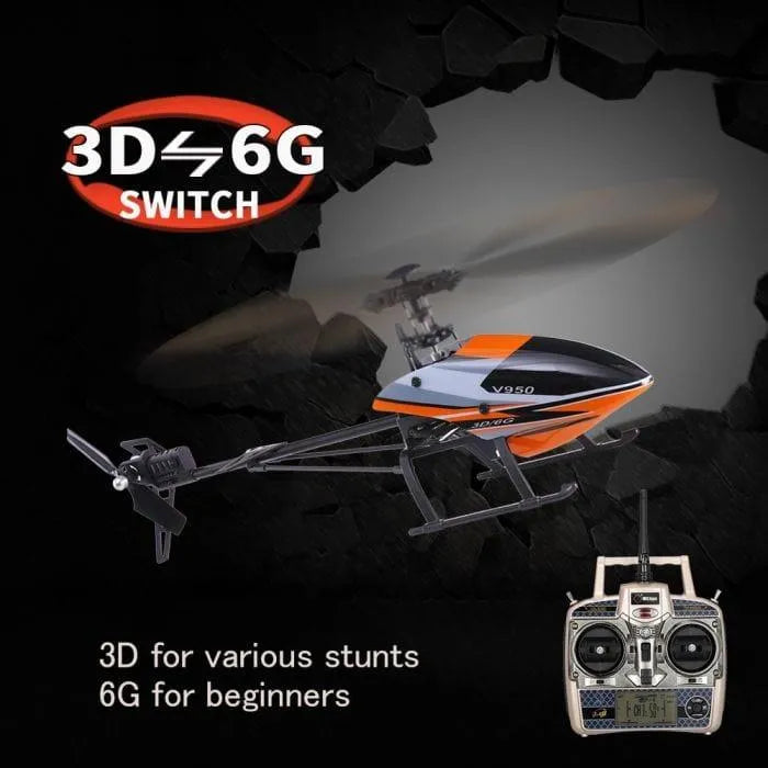 V950 single blade RC helicopter with remote, black and orange design, 3D stunt mode switch.