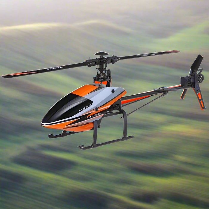 V950 single blade RC helicopter 6CH orange black flying outdoors