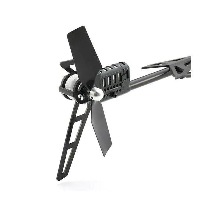 Close-up of V950 single blade RC helicopter tail rotor and stabilizer on white background