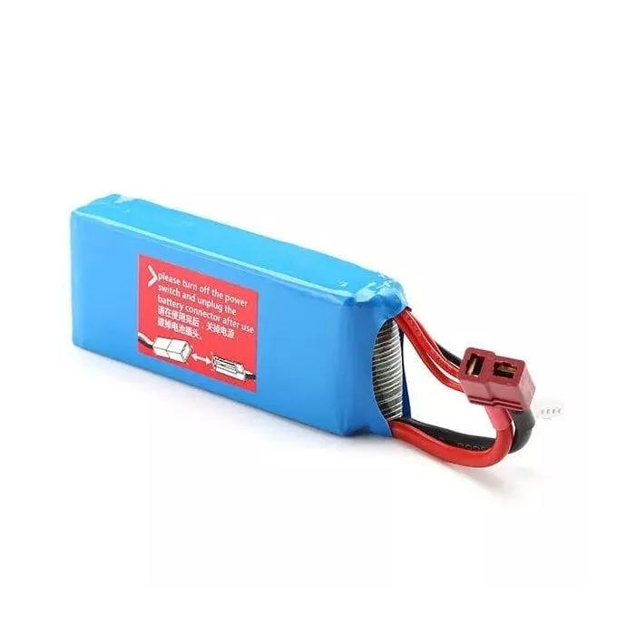 Blue RC helicopter LiPo battery with red connector and safety label, isolated on white background.