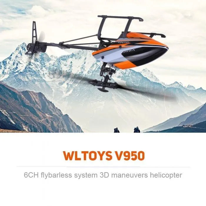 WLtoys V950 RC helicopter flying over snowy mountain landscape, 6CH 3D stunt model.