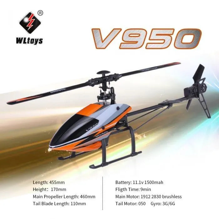 WLtoys V950 single blade RC helicopter 6CH with specs, orange and black design on white background