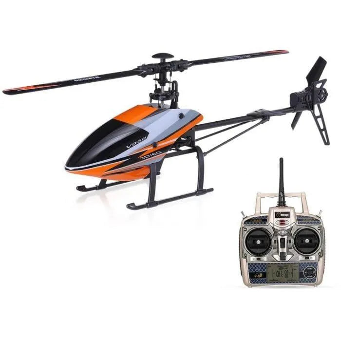 V950 single blade RC helicopter with orange and black body and 6-channel remote controller.