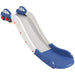 Blue and white kids plastic slide with car-themed handles and safety side rails