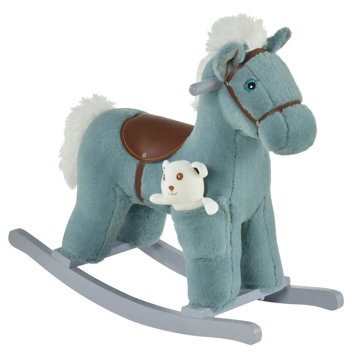 Blue plush rocking horse toy with brown saddle and white bear stuffed animal in pocket
