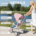 Pink stroller with features labeled, being pushed by a woman outdoors.