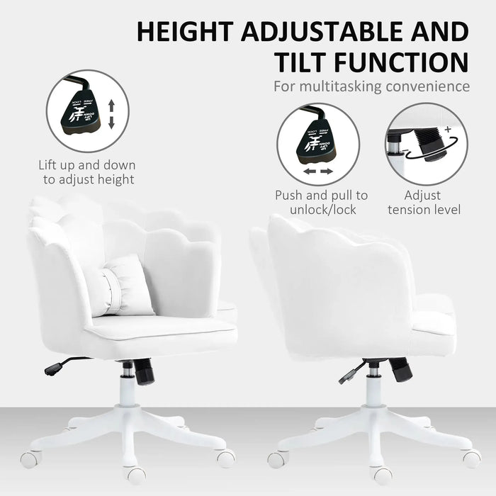 Velvet Office Chair with Petal Shell Back and Lumbar Pillow in White - Little and Giant Explorers HOMCOM