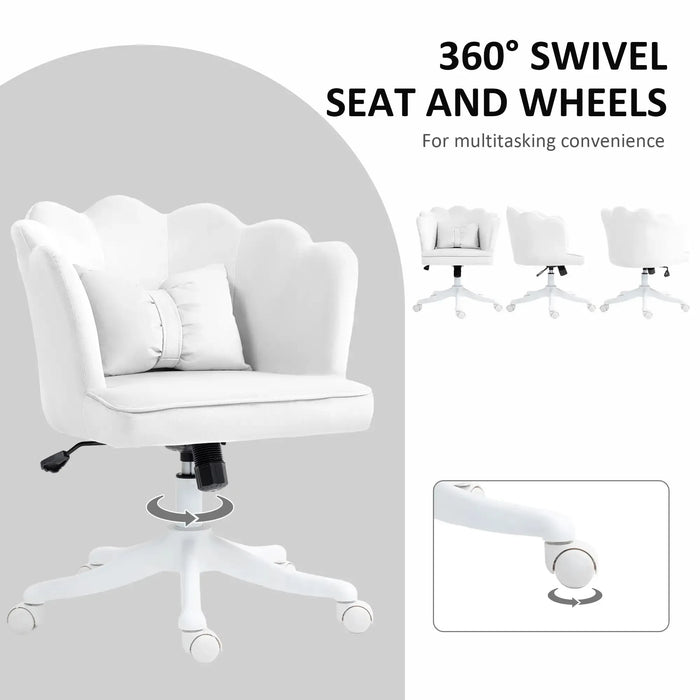 Velvet Office Chair with Petal Shell Back and Lumbar Pillow in White - Little and Giant Explorers HOMCOM