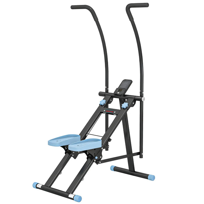 Black and blue exercise machine on a white background
