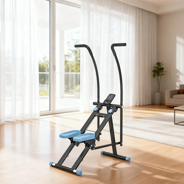 Fitness equipment in a bright living room with large windows