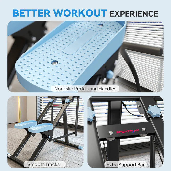 Exercise machine with non-slip pedals, handles, smooth tracks, and extra support bar on a light blue background.