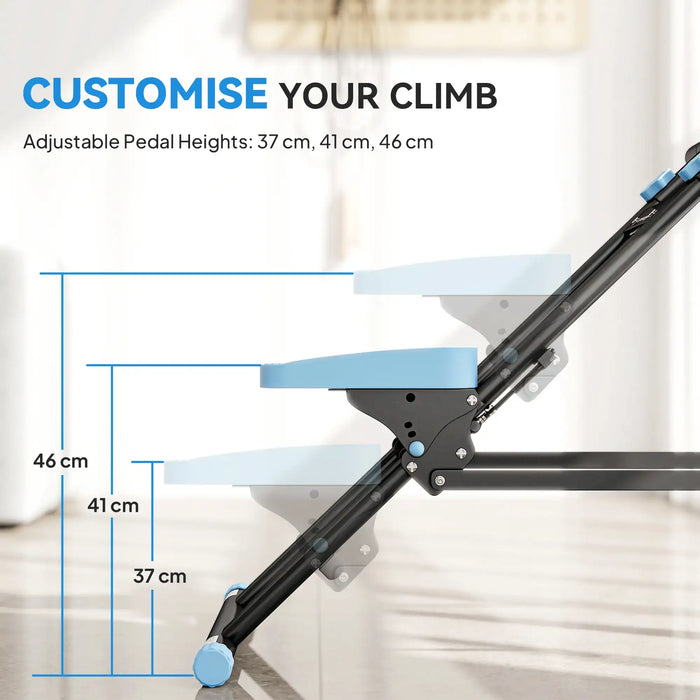 Adjustable exercise bike with customizable pedal heights shown on a blurred indoor background