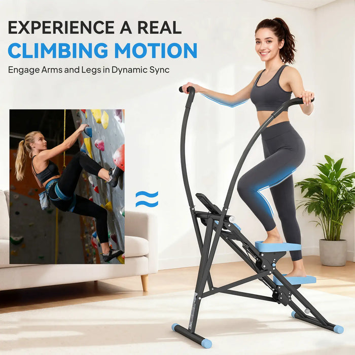 Woman using a climbing motion exercise machine with text about experiencing real climbing motion.
