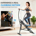 Woman using a climbing motion exercise machine with text about experiencing real climbing motion.