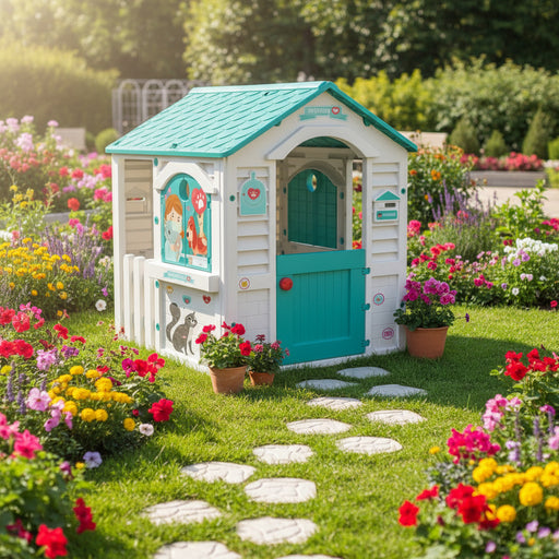 Children's veterinary playhouse with teal roof in colorful flower garden, animal care theme