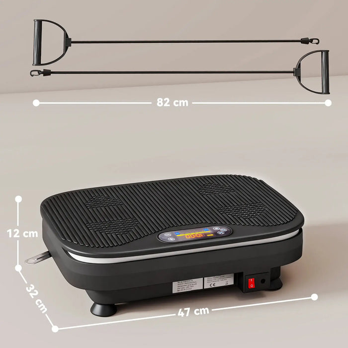 Black vibration plate with dimensions labeled on a light gray background