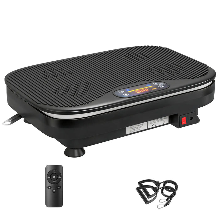 Black vibration plate with remote control and straps on a white background