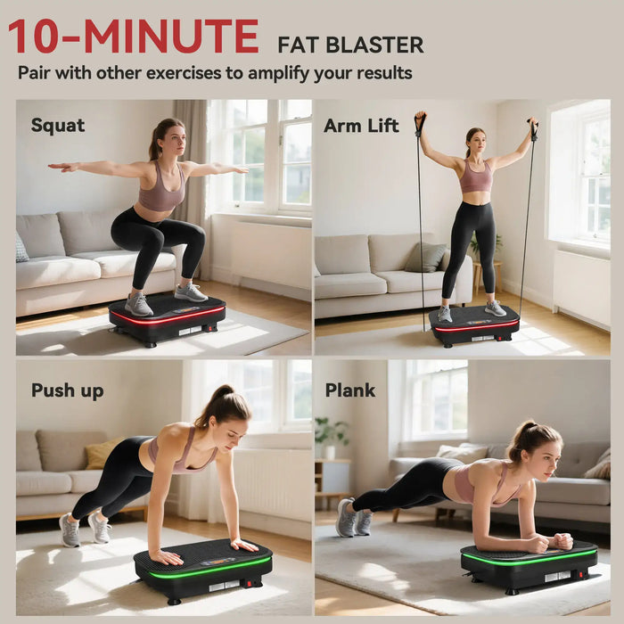 Woman using a step machine for various exercises in a living room setting.