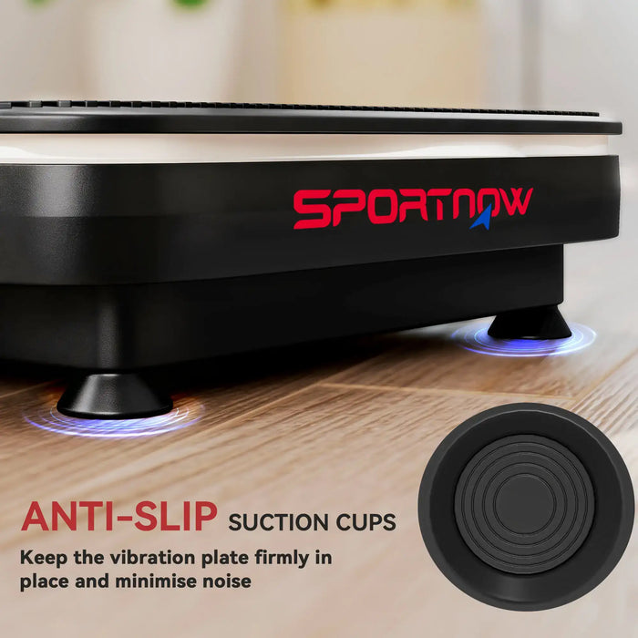 Vibration plate with anti-slip suction cups on a wooden surface, featuring the Sportnow brand.