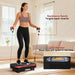 Woman using a vibration plate with resistance bands in a living room setting, featuring text about the device's features.