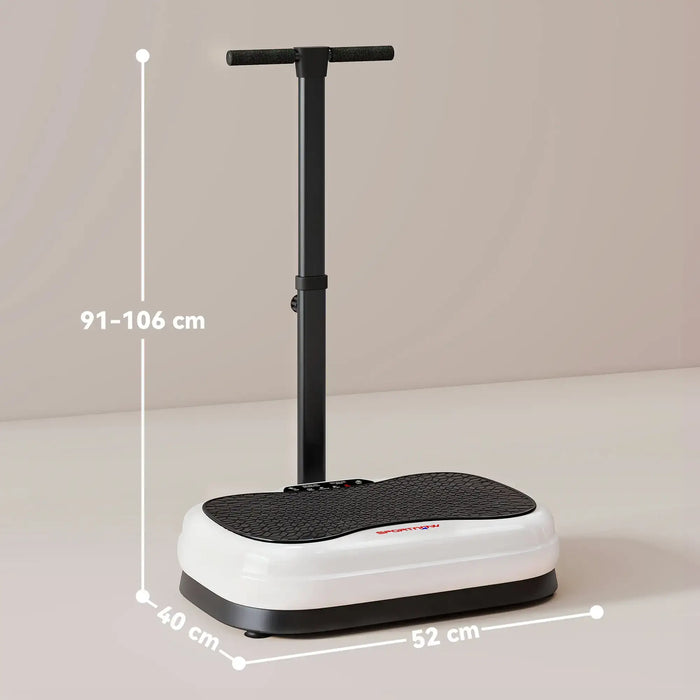 White vibration plate with black handle and dimensions indicated on a beige background