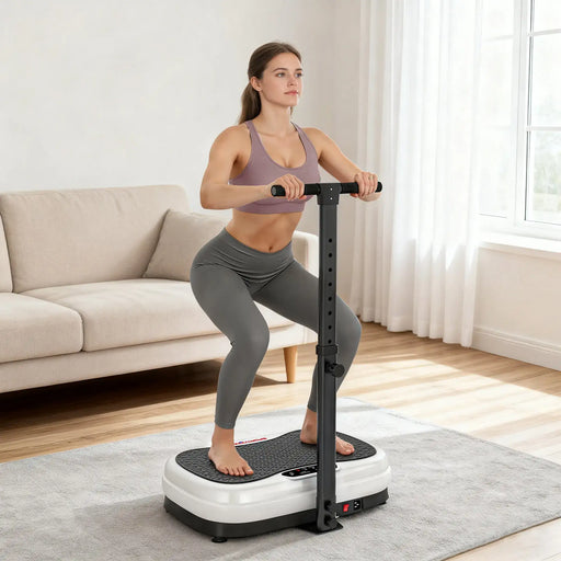 Woman using a vibration plate in a living room