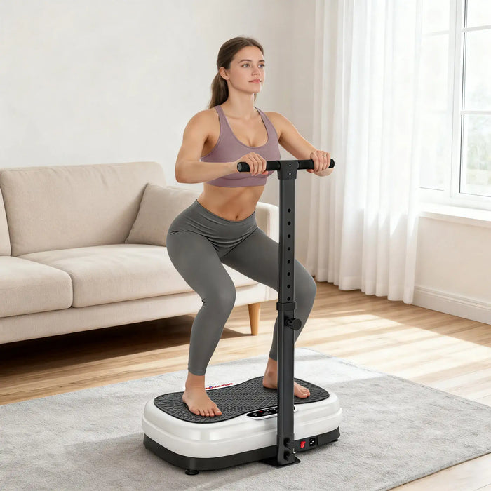 Woman using a vibration plate in a living room