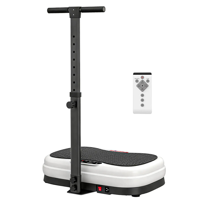 White vibration plate with black handle and remote control on a white background
