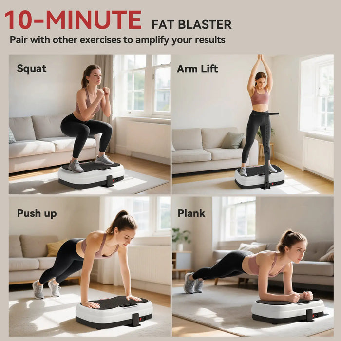 Woman using a vibration plate for various exercises in a living room setting.