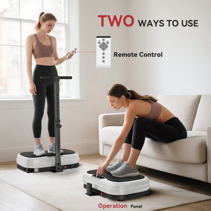 Woman using a vibration plate with remote control and operation panel in a living room.