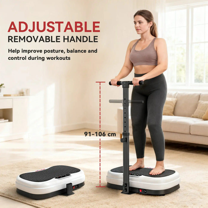 Woman using a vibration plate with adjustable handle in a living room setting