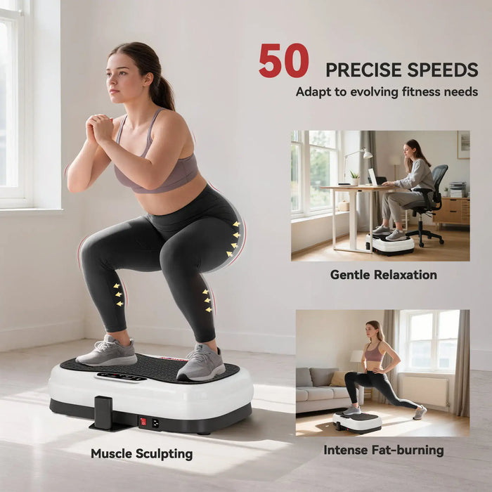 Woman using a vibration plate with text on precise speeds and usage scenarios.
