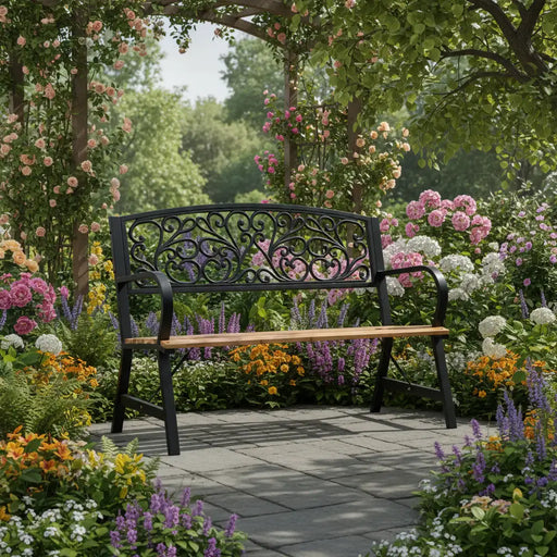 Vintage garden bench with cast iron backrest and wooden seat surrounded by colorful flowers