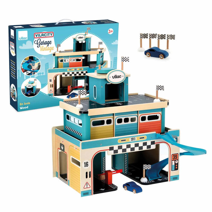 Vintage wooden 3-storey Vilacity toy garage with spiral ramp, wooden blue toy car, checkered flags