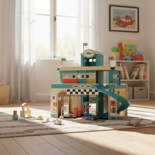 Vilac vintage wooden three-storey toy car garage with spiral ramp in bright children's playroom