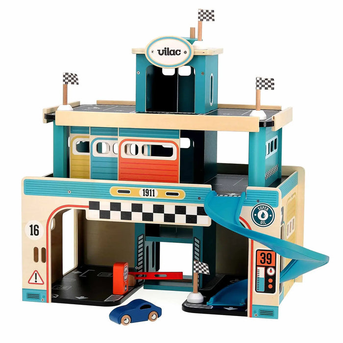 Vilac vintage wooden three-storey toy car garage with spiral ramp, checkered flags, and blue wooden car