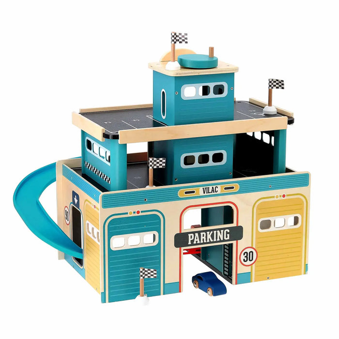 Vintage wooden three-storey toy car garage with spiral ramp, blue and yellow parking toy by Vilac
