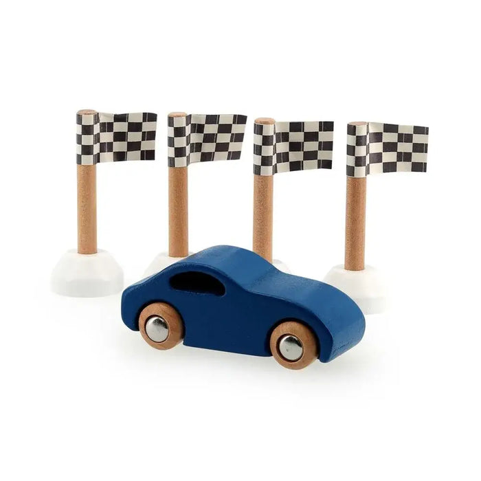 Blue wooden toy car with natural wood wheels and four checkered race flags on wooden poles